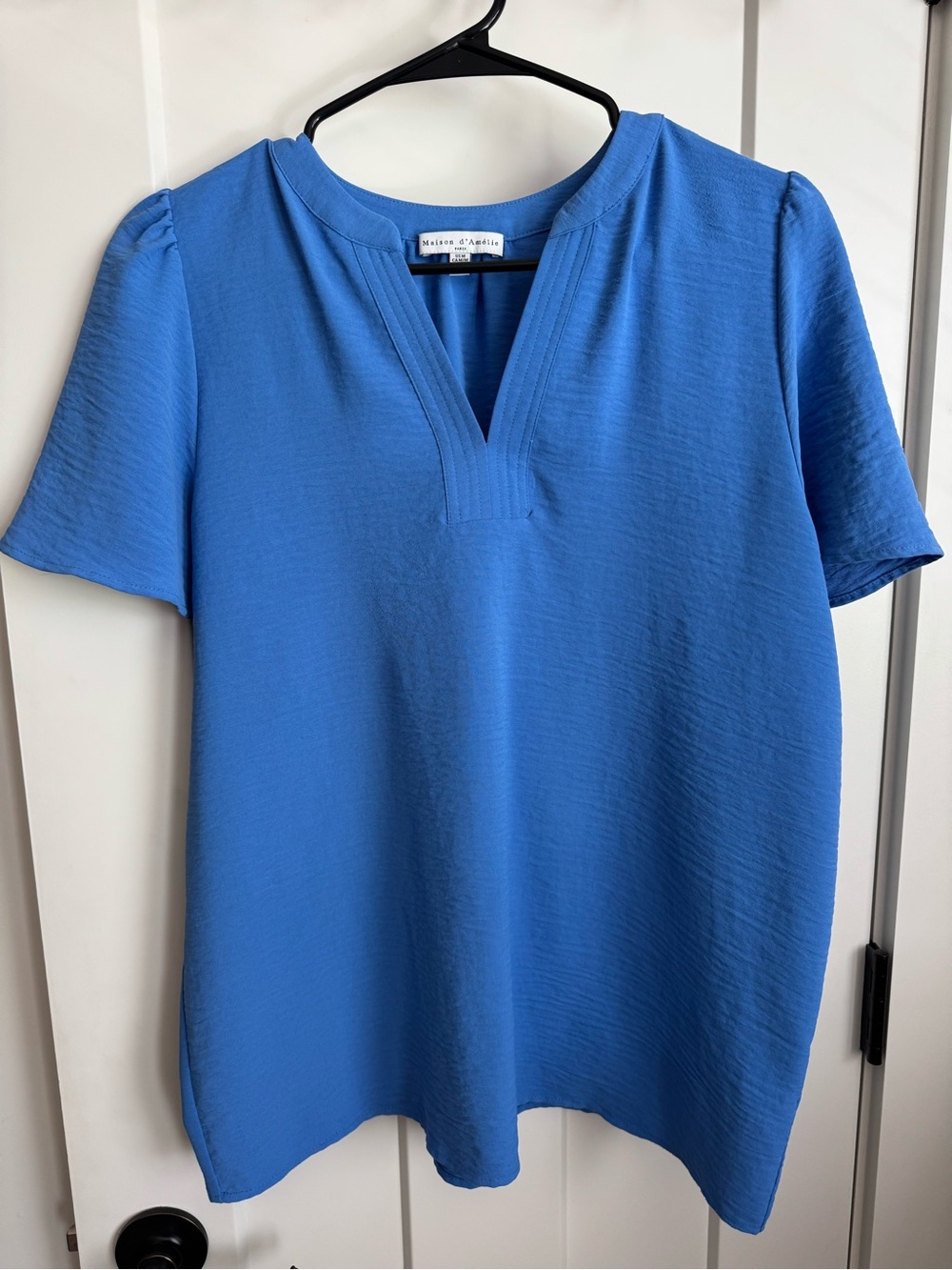 Maison D’Amelie Blue Short-Sleeve V-Neck Blouse